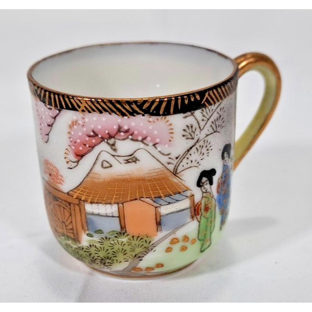 Vintage Made in Occupied Japan Hand Painted Geisha Demitasse Cup Gold Trim